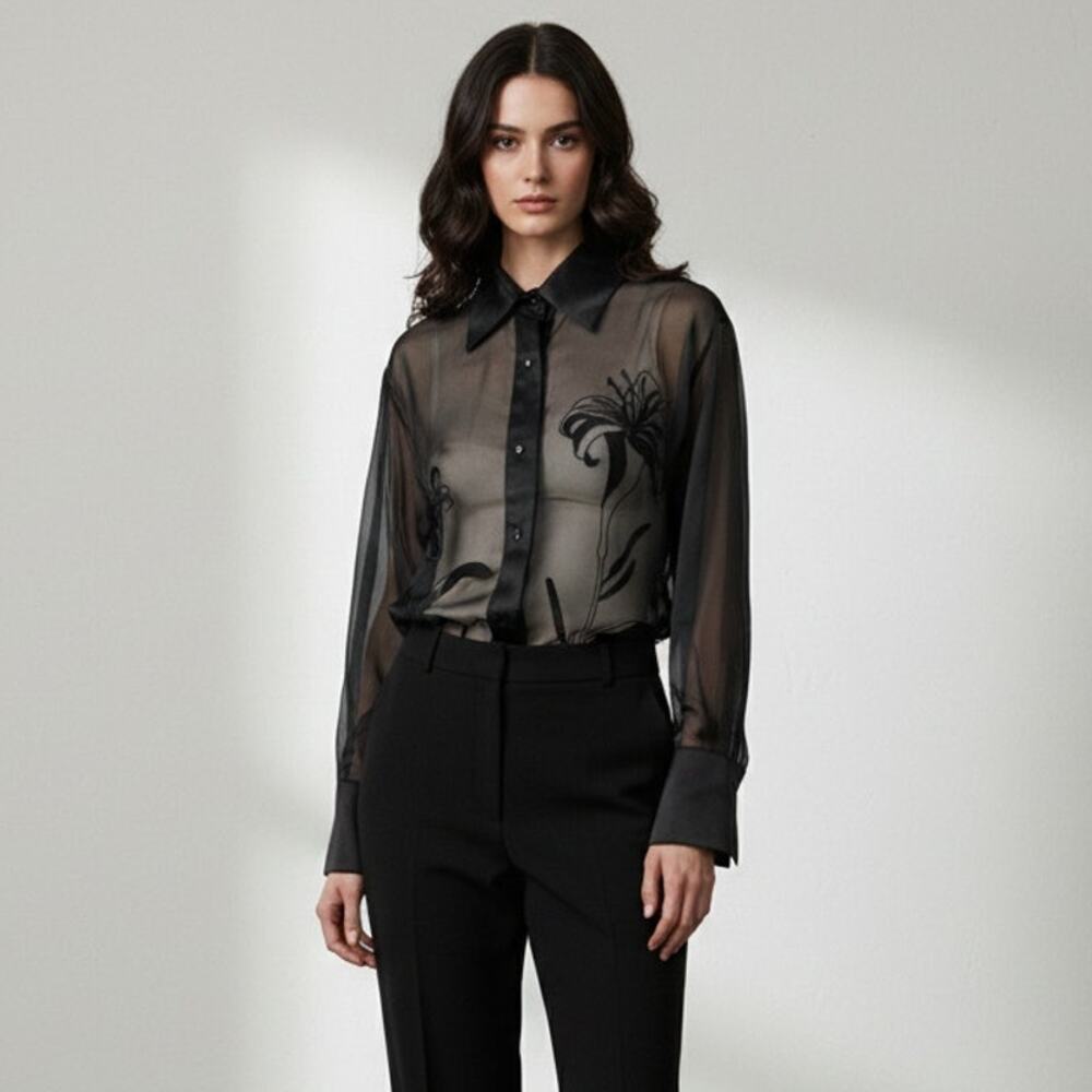 90s vintage black silk minimalist sheer organza emboidered tunic shirt blouse - Picture 8 of 10